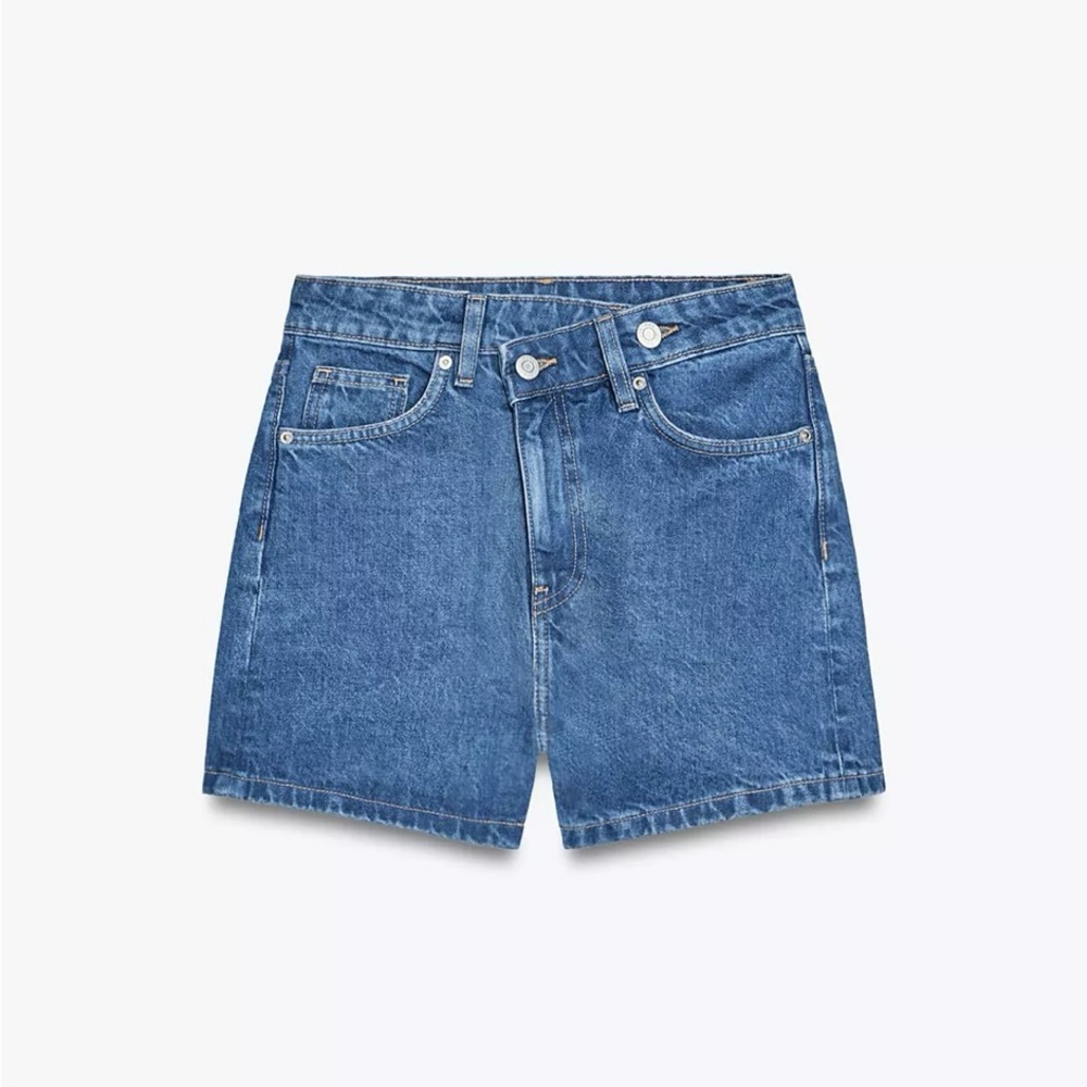Zara High Rise Cross Waist Mom Fit TRF Blue Denim Shorts Size 12 Excellent Cond